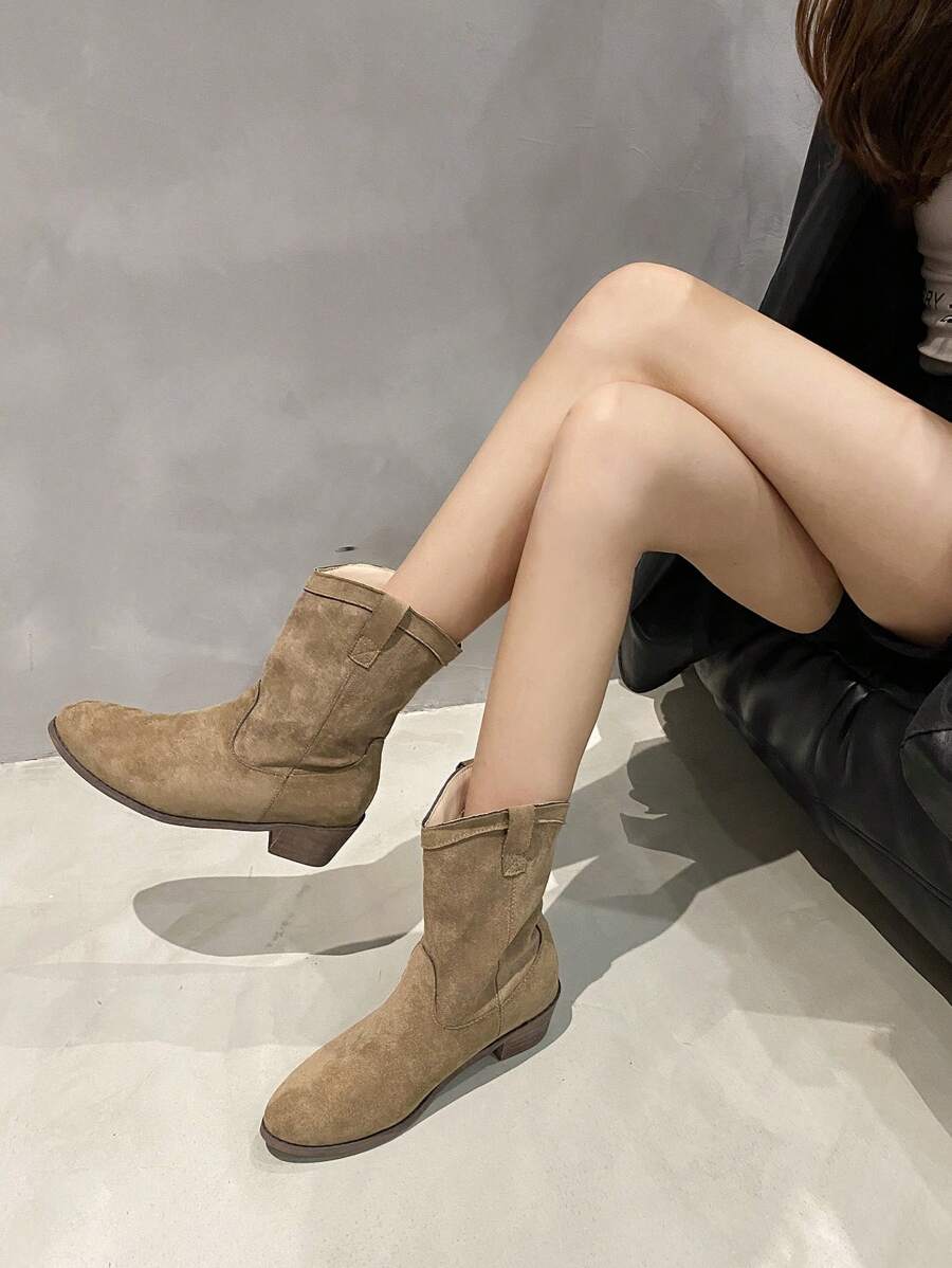 Pointed Toe Chunky Heel Short Western Cowboy Boots For Women, Motorcycle Style - Khaki - View 1
