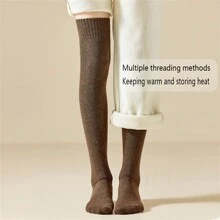 1pair/3pairs Women Thigh High Stockings, Opaque Warm Thermal Lined Over Knee Socks For Autumn Winter, Slim Leg, Fashion, Suitable For Girls, Students, And Daily Wear - Brown - View 3