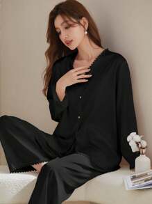 New Arrival Elegant And Simple Lace Trim Long Sleeves Long Pants Silk Pajamas Set For Women - Black - View 1