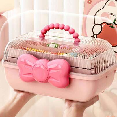 1 pieza Adorable caja de almacenamiento portátil de 3 capas con lazo, ideal para accesorios para el cabello, joyas, cosméticos, etc. Adecuado para organizar clips de pelo y maquillaje en la sala de estar o el dormitorio. Regalo del Día de San Valentín