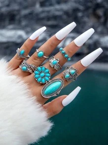 8pcs/set Random Alloy Punk Style Turquoise Ring Set For Women, Gift For Dating - Silver - View 6