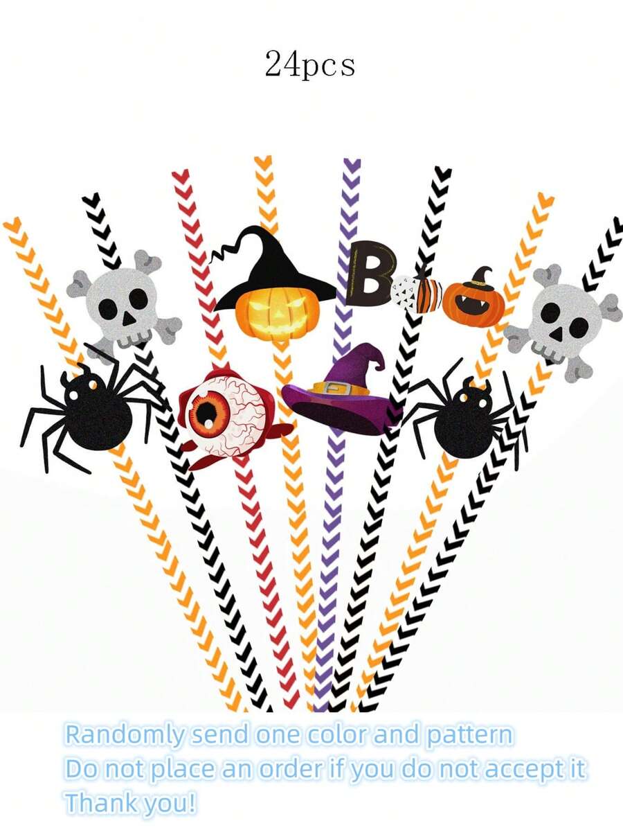 Halloween Ống hút Đồ trang trí , 24 cái Sọ & Hình nhện Dùng một lần Ống hút Với Thẻ & Màu sắc tùy ý - Mứt Rơm Halloween - Xem 1