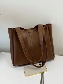 Bolso tote unicolor de gran capacidad de mujeres - Marrón - Ver 4