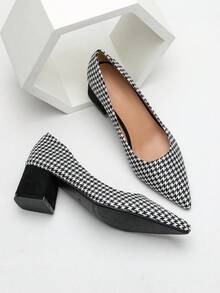 Của phụ nữ Đúng mốt Retro Checkered Khối màu Pointed Toe Dày Gót chân Giày nữ Baotou Cho công việc , Commute - Đen và trắng - Xem 4