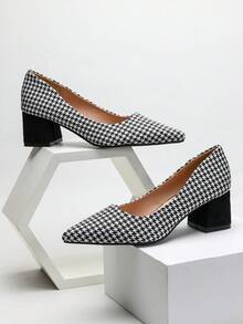 Của phụ nữ Đúng mốt Retro Checkered Khối màu Pointed Toe Dày Gót chân Giày nữ Baotou Cho công việc , Commute - Đen và trắng - Xem 3