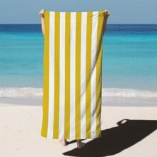 黃白條紋海灘毛巾,現代編織矩形海灘毛巾,適用於旅行、健身、游泳和海灘 - 黃色 - 查看 1