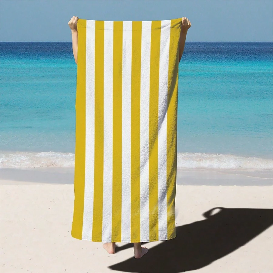 黃白條紋海灘毛巾,現代編織矩形海灘毛巾,適用於旅行、健身、游泳和海灘 - 黃色 - 查看 1