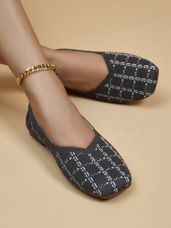 女士平底休閒編織灰色格子媽媽鞋,舒適透氣