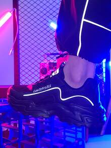 男士户外时尚休闲厚底低帮舒适透气防滑耐用纯色厚底运动鞋，黑色，春秋季 - 黑色 - 查看 3