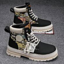Embroidered Canvas High Top Work Boots, Motorcycle Shoes For Men - Black - View 3