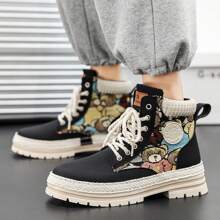 Embroidered Canvas High Top Work Boots, Motorcycle Shoes For Men - Black - View 5