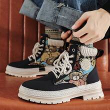 Embroidered Canvas High Top Work Boots, Motorcycle Shoes For Men - Black - View 4