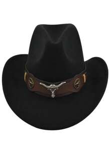 1個中性西部牛仔風格帽子,帽飾有公牛頭,休閒派對配件 - 黑色 - 查看 1