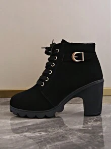 Red Dress Matching Women's Solid Color Thick Sole Boots, Lace-Up Side Zipper Round Toe Chunky Heel Shoes, Casual & Comfortable, Can Be Paired With Pants. - Black - View 7