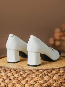 Square Toe Chunky Heel Shoes With Low-Cut Vamp, Color Block Design And Elegant Style For Women's Professional Work - Black and White - View 6