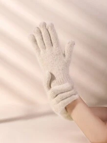 女款人造兔毛針織觸控手套,保暖防風 - 米色 - 查看 1