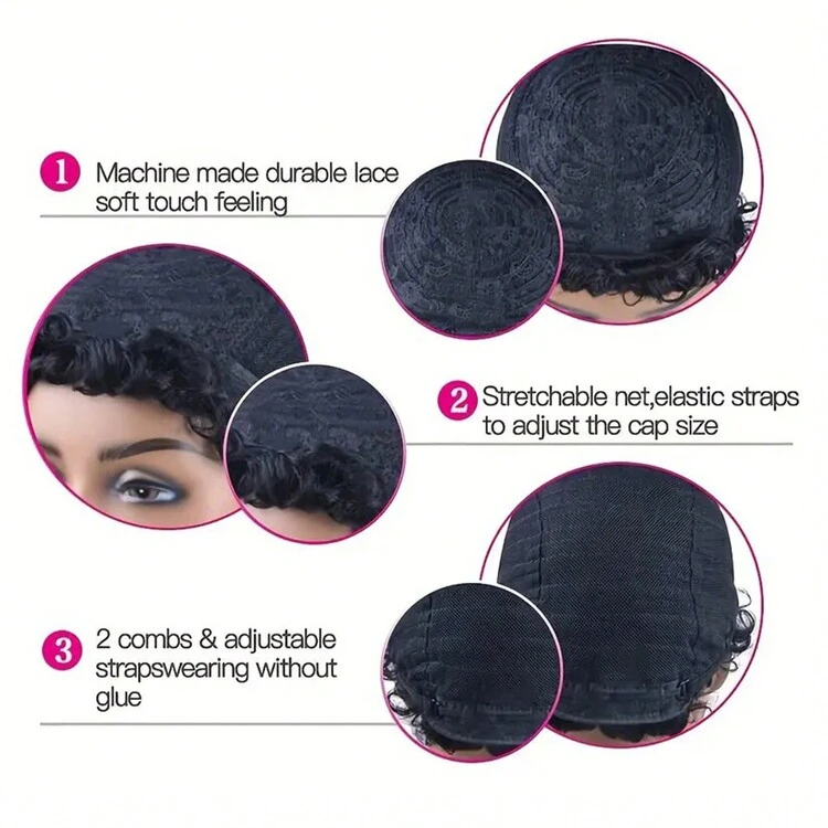 1 pieza Peluca negra rizada corta y rizada afro para mujeres, cabello malayo Remy, peluca sin pegamento fabricada a máquina - Negro - Añade 6
