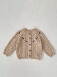 1 件装女婴刺绣镂空针织开衫夹克，春秋 - 杏色 - 查看 4