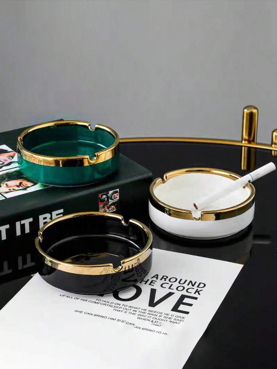 1pc Ceramic Gold Plated Luxury Ashtray Decor Piece (Variations In Craftsmanship Between Production Batches Are Normal And Do Not Affect Usability), Back To School Supplies - Black - View 1