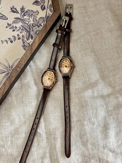 1pc Vintage Casual Elegant Women's Coffee Brown Leather Strap Watch, Fashionable Barrel Shaped Watch Dial With Rhinestone Decor For Daily Wear, Evening Party And Other Occasions Decoration Holiday