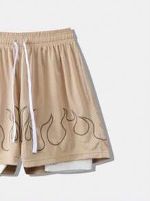 KOVSEE 男士美式籃球風格火焰印花網眼短褲,附抽繩,透氣,雙層,及膝,街頭風格健身休閒時尚 - 卡其色 - 查看 5