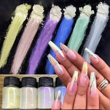 Dofuny 5 botellas de polvo de aurora, purpurina de sirena holográfica, polvo de uñas cromado de degradado, mica perlada, suministros de pintura de manicura perlada DIY - Albaricoque - Ver 6