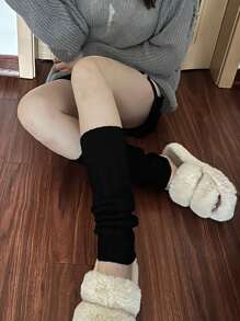 1pair Twist Knit Pile Leg Warmers - Black - View 5