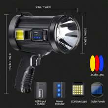Gearbrite 1pc Rechargeable 100000 Lumens LED Spotlight With COB Light & Solar Panels - Black - View 1