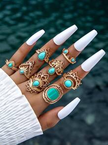 imoli 8pcs Simple Alloy Turquoise & Flower Edge Design Round Oil Drip Style Ring Set, Women Dating Gift - Yellow Gold - View 2