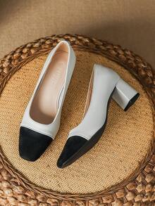 Square Toe Chunky Heel Shoes With Low-Cut Vamp, Color Block Design And Elegant Style For Women's Professional Work - Black and White - View 9
