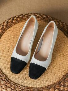 Square Toe Chunky Heel Shoes With Low-Cut Vamp, Color Block Design And Elegant Style For Women's Professional Work - Black and White - View 7