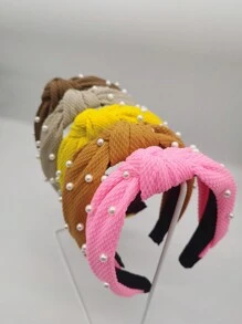 1pc Tassel & Knitted & Pearl Knot Headband Hair Accessory, Fashionable For Daily, Festival, Party Wear - Pink - View 5