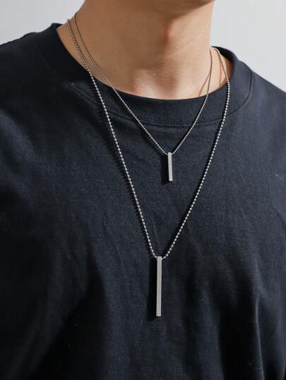 2 件黑色方形金屬簡約時尚多層項鍊適合情侶日常佩戴