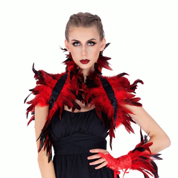 Gothic Style Multi-Color Long Feather Shawl Costume Accessory, Black Fake Collar Scarf Feather Shawl For Halloween Party Cosplay