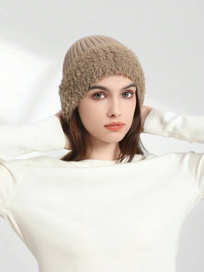 ニット帽 女性用 ソリッドカラー 暖かい ふわふわ ファーつき