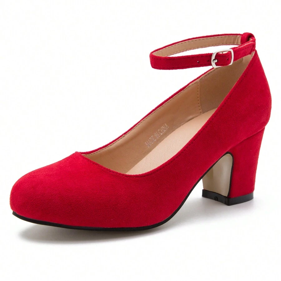 Women's Ankle Strap Low Block Chunky Heels Pumps Closed Round Toe Dress Wedding Office Work Shoes - 紅色 - 查看 1