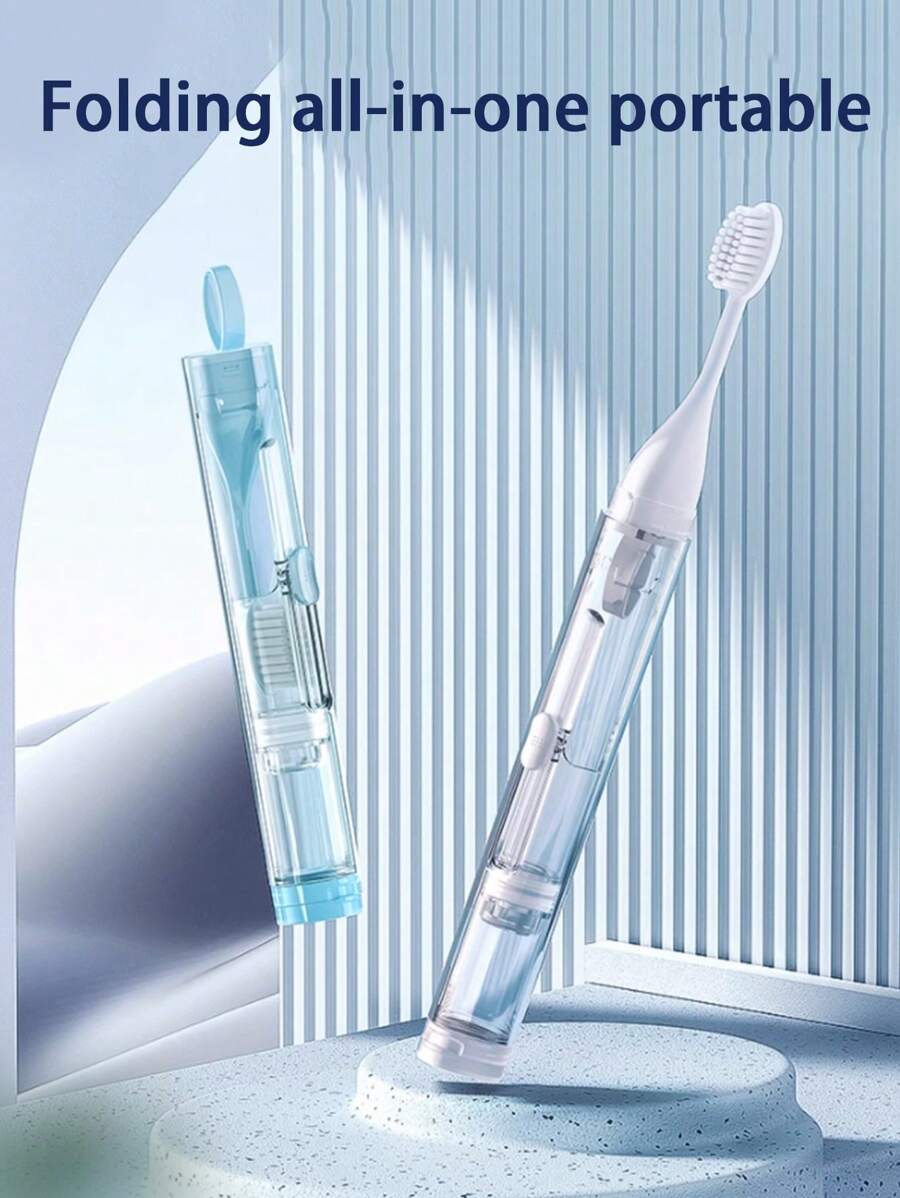 1pc Blue 3 In 1 Portable Travel Toothbrushes With Built-In Refillable Toothpaste Tube, Built-In Toothbrush Case, Extra Soft Bristles And 1 Cleaning Brush, Travel Size Toiletries Orthodontic Toothbrush, Travel Supplies Home Bathroom Decor Fall Decor Back To School