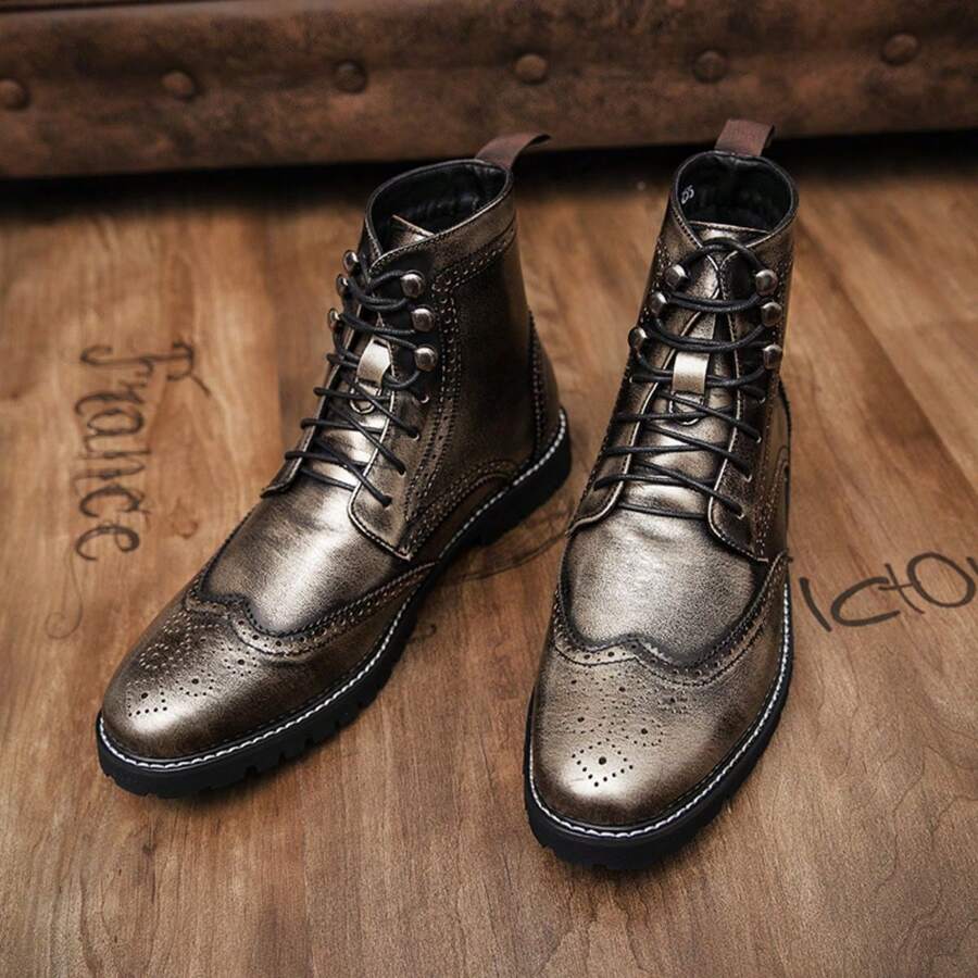 男士繫帶高幫布洛克雕花商務靴 - 銀色 - 查看 1