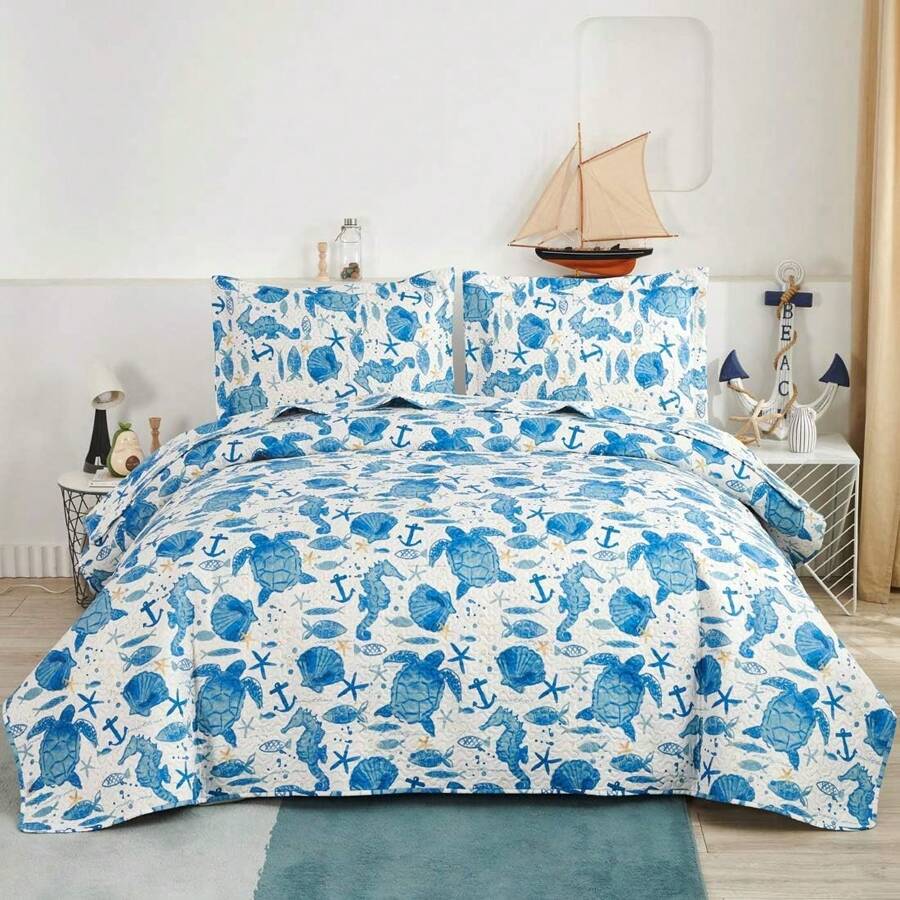 3Pcs Summer Beach Bedspreads Set King Queen Twin Size Lightweight Coastal Ocean Theme Quilts Seashell Conch Coverlet Sets Starfish Seahorse Seaweed Printed Bedding Pillow Shams - 藍色 - 查看 1