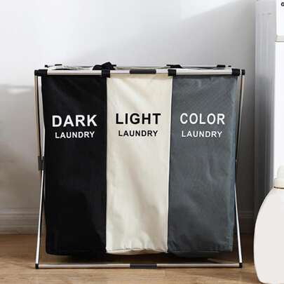 DARK LIGHT COLOR 1pc Laundry Basket, Clothes Hamper Organizer Sorter Storage, Foldable 3 Sections Dark & Light Hampers, With Aluminum Frame Laundry Hamper, Washing Basket Bathroom Organizer, Basket, Storage Basket, Foldable Laundry Basket