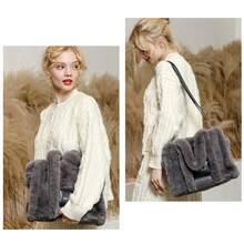 秋冬女式大號手提包柔軟冬季蓬鬆毛絨毛絨頂部提手錢包和手提包帶肩帶(灰色) - 灰色 - 查看 5