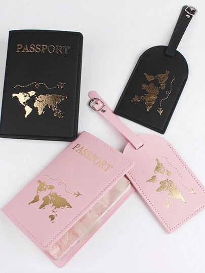 護照夾pu皮簡約別緻飛機圖案燙金地圖純色行李牌商務身份證夾旅行包牌飛機火車背包牌行李識別碼配套情侶情人節週年紀念禮物老公老婆新婚情侶禮物男朋友女朋友週年紀念禮物蜜月婚禮新娘禮物可愛行李牌 學校用品 旅行必需品 4 件套 度假配件 節日旅行配件套裝
