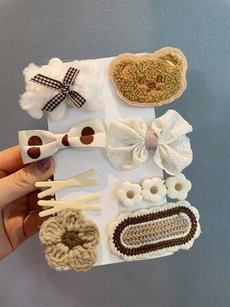 9入組/套髮夾，包括小熊、波比、髮夾、蝴蝶、花朵、針織夾