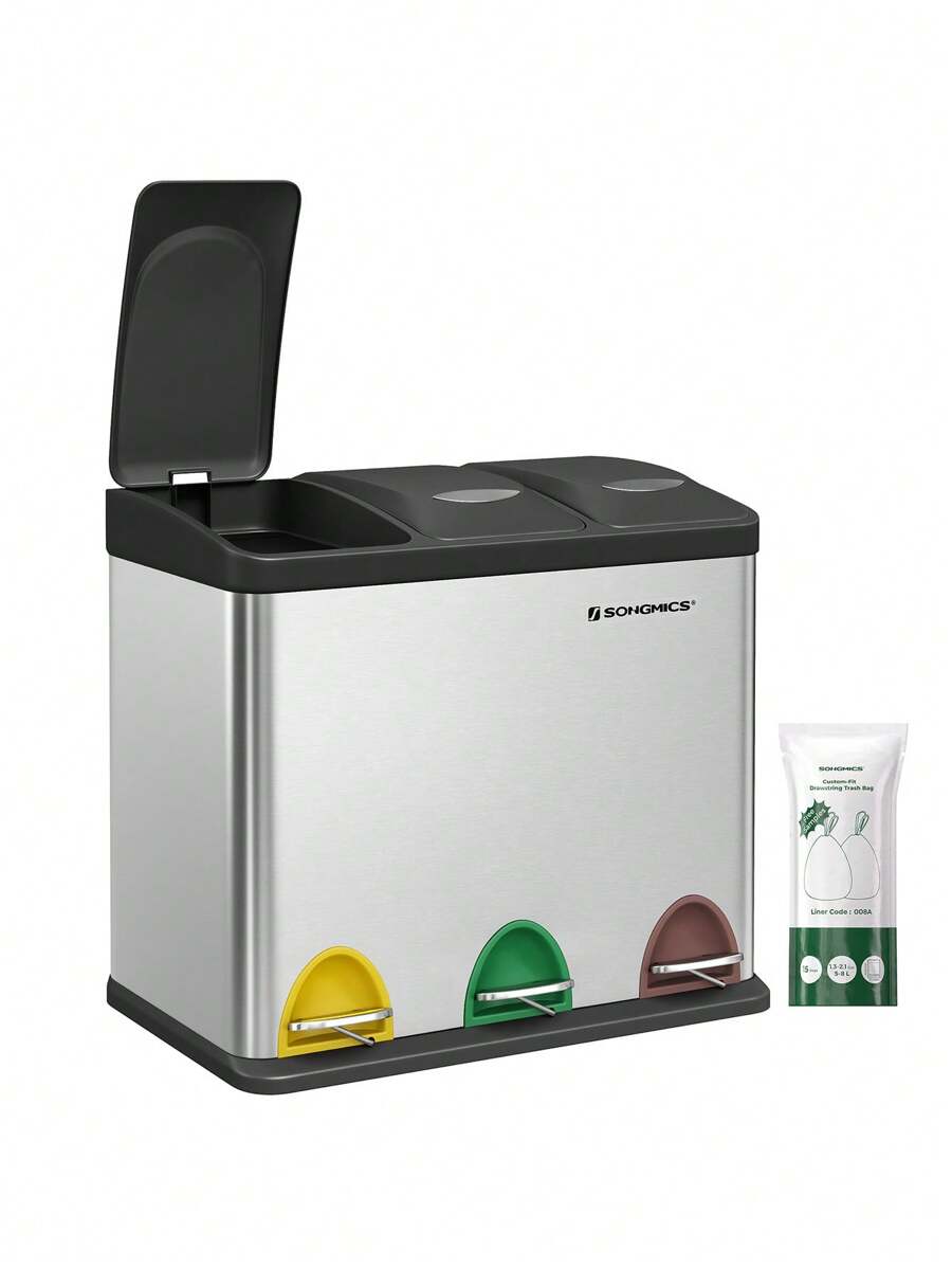 SONGMICS Mülleimer Küche, 3 x 8 Liter, Mülltrennsystem 3 Fächer, Abfalleimer mit Deckel für gelben Sack, Biomüll, Stahl-Treteimer für kleine Familien, Pedale, Inneneimer - Silber - Übersicht 1