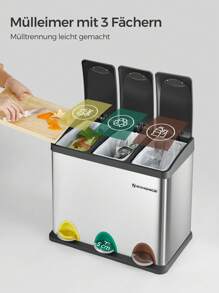 SONGMICS Mülleimer Küche, 3 x 8 Liter, Mülltrennsystem 3 Fächer, Abfalleimer mit Deckel für gelben Sack, Biomüll, Stahl-Treteimer für kleine Familien, Pedale, Inneneimer - Silber - Übersicht 3