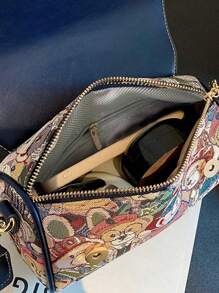 小方包卡通熊紋襟翼式日常小熊提花肩袋,卡通襟翼式筒狀手提包,女士寬帶斜背包（8.66 X 5.51 X 4.33）英寸,可調節帶,適合女孩、女人、大學生禮物袋、假日、戶外、旅行、外出 - 彩色 - 查看 9