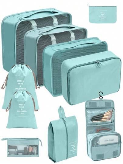 10pcs/Set Polyester Travel Toiletry Bag, Modern Portable Makeup Organizer For Travel Packing Cubes Storage Bag Clothes Storage Clothes Organizer Travel Bag Set For Luggage Suitcase Holiday Season Vacation Back To School Supplies