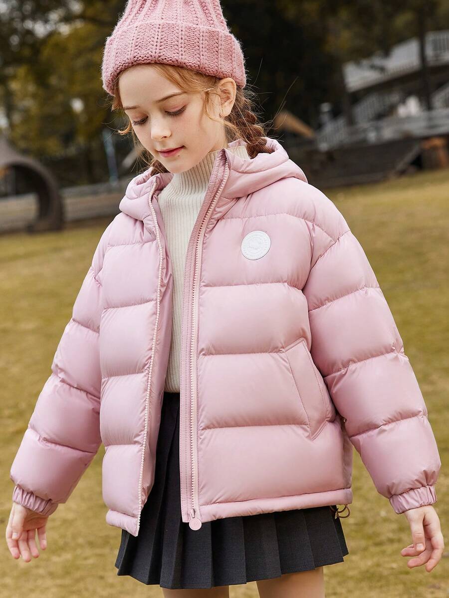 Girls' Fashionable Thickened Pink Hooded Down Jacket For Autumn And Winter