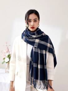 1 件女士大格子人造羊絨圍巾,冬季披肩,辦公毯,適合日常穿著 - 藏蓝色 - 查看 2