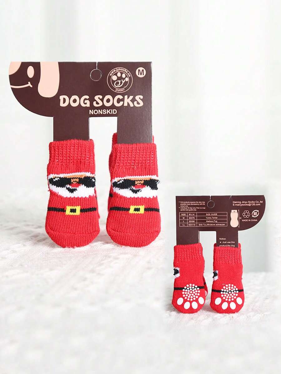 聖誕節- 4入組適用於小型和中型寵物(狗和貓)的聖誕老人襪子,具有彈性袖口的冬季保暖,是很好的配飾 - 紅色 - 查看 1